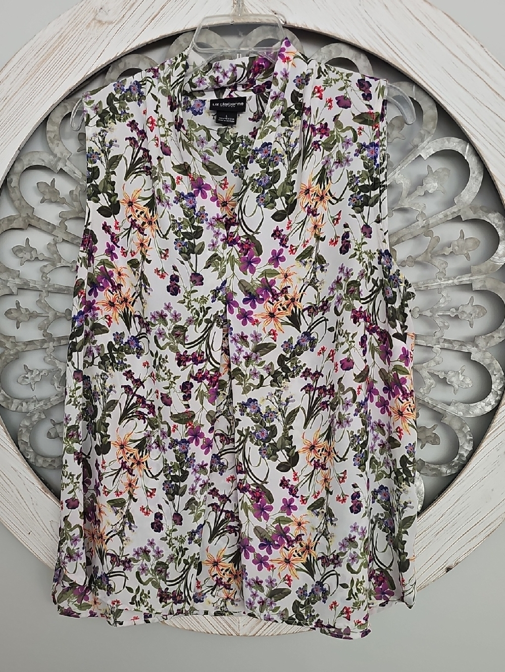Liz Claiborne White Floral Sleeveless Camisole with Purple & Green Accents
